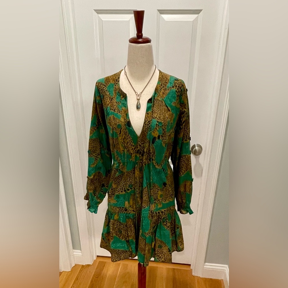 NWT FARM Rio Leopard Print Green Minidress, XS